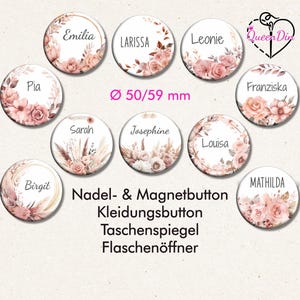 Button "Boho Blumen" (015) Ø50/59 mm mit Wunschname | Ansteckbutton | Magnet | Kleidungsbutton | Taschenspiegel | Flaschenöffner