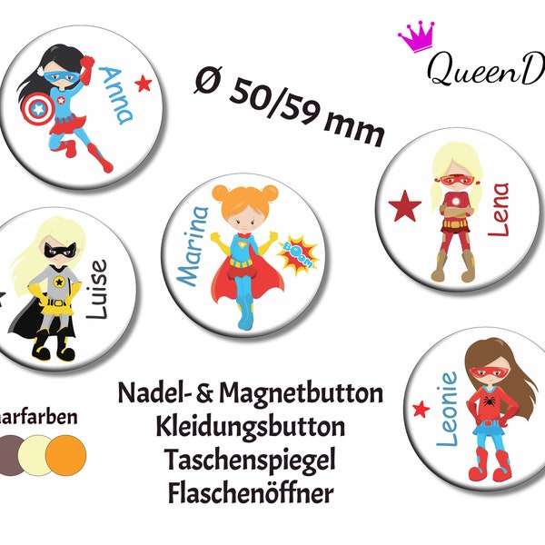 Button "Superheldin" Ø50/59 mm mit Wunschname