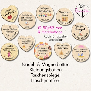 Button "Erzieher/in" (160) Ø50/59 mm, Herzbutton mit Wunschname | Ansteckbutton | Magnet | Kleidungsbutton | Taschenspiegel | Öffner