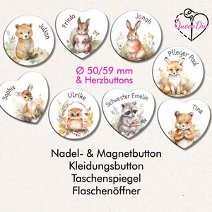 Button "Waldtiere II" (142) Ø50/59 mm, Herzbutton mit Wunschname | Ansteckbutton | Magnet | Kleidungsbutton | Taschenspiegel | Öffner