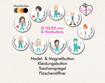 "Hospital" button (062) Ø50/59 mm, heart-shaped button with personalized name | pin button | magnet | clothing button | pocket mirror | bottle opener