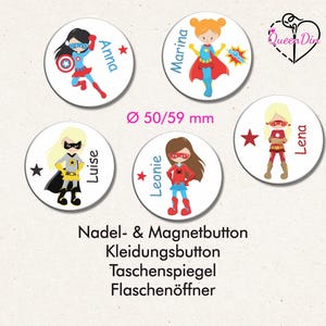 Button "Superheldin" (132) Ø50/59 mm mit Wunschname | Ansteckbutton | Magnet | Kleidungsbutton | Taschenspiegel | Flaschenöffner