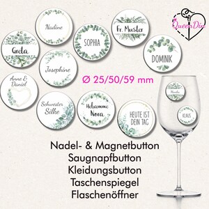 Button "Eukalyptus" (029) Ø25/50/59 mm mit Wunschname | Ansteckbutton | Magnet | Kleidungsbutton | Taschenspiegel | Öffner | Glasmarkierer