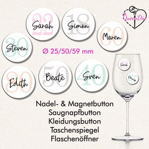 Button "Geburtstagszahlen" (040) Ø25/50/59 mm mit Wunschname | Ansteckbutton | Magnet | Kleidungsbutton | Spiegel | Öffner | Glasmarkierer