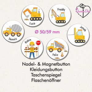 Button "Baustelle" (008) Ø50/59 mm mit Wunschname | Ansteckbutton | Magnet | Kleidungsbutton | Taschenspiegel | Flaschenöffner