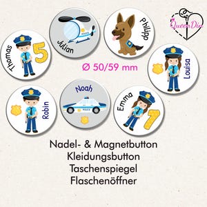 Button "Polizei" (094) Ø50/59 mm mit Wunschname | Ansteckbutton | Magnet | Kleidungsbutton | Taschenspiegel | Flaschenöffner