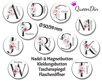 Button "Blumen-Initialen" Ø50/59 mm mit Wunschname