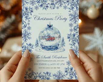Fire Station Chinoiserie Christmas Invitation - Blue and White Porcelain Design - Traditional Blue and White Christmas Toile - Templett