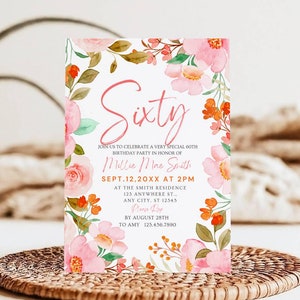 Adult Birthday Invitation Floral, Pink and Orange Flowers, Watercolor Floral Birthday Invitation Template, Instant Download, Editable Canva