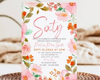 May include: A floral-themed invitation card with pink and orange flowers. The text on the card reads "Sixty" and "Join us to celebrate a very special 60th birthday party in honour of Millie Mae Smith Sept. 12, 20XX at 2PM at the Smith Residence 123 Anywhere St., Any City, ST 12345 RSVP by August 25th to Amy 123.456.7890".