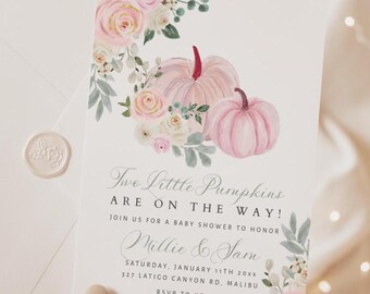 Twins Baby Shower Pumpkin Girls - Fall Twins Shower Invitation (Editable Template) - 085