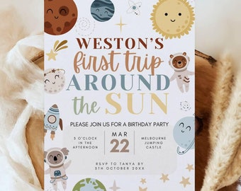 Canva Templates Invitations First Trip Around The Sun - Space Theme - First Birthday Invitation - Boy's First Birthday - Editable Template