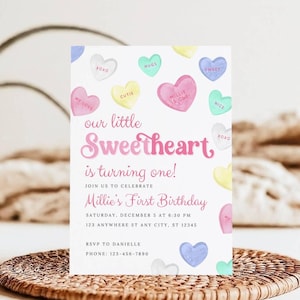 Little Sweetheart Is Turning One, Candy Heart Birthday Invitation, Valentine First Birthday, Our Little Sweetheart , Digital Or Printed