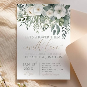Invitación "Déjalos bañar de amor": invitación con vegetación y rosas blancas - Descarga instantánea - Plantilla editable - Templett - lstwl