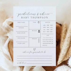Cartes de conseils prédictions de bébé - conseils et souhaits - jeu de baby shower - jeu de révélation de genre - Templett - modèle modifiable - bébé minimal