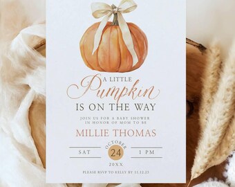 Pumpkin With Bow Baby Shower Invitation - Little Pumpkin is On The Way - Templett - pwbp1