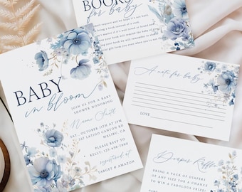 Baby In Bloom Invitation Blue, Blue Floral Baby Shower, Baby In Bloom Baby Shower Invitation, Editable Template, Minimal, Templett - BIBBL