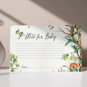Verzauberte Babypartynotiz für Babykarte, Babypartyschablone, bearbeitbar in Templett, Waldthema-Babyparty, neutrale Babyparty