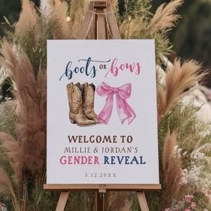 Boots Or Bows Gender Reveal Welcome Sign - Printable Template - Editable Boots or Bows Sign - Western Baby Shower Decor - Templett-  bobgr1