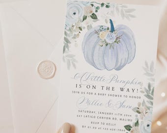 Blue Pumpkin Baby Shower Invitation - Editable Fall Template - Little Pumpkin is on the Way - 086