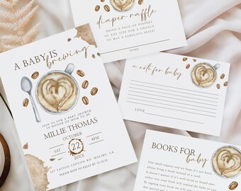 Coffee Baby Shower Bundle, A Baby is Brewing Baby Shower Invitations, Diaper Raffle, Books for Baby, Note for Baby, Templett - abbc1