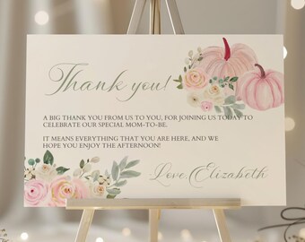 Tarjeta de agradecimiento para baby shower con calabaza rosa, para niñas en otoño, Templett -085