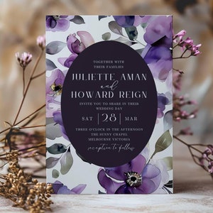 Dark Purple Wedding Invitations -Elegant Wedding Invitations Purple Flowers - Watercolor Flowers - Canva Template - Editable Invitation