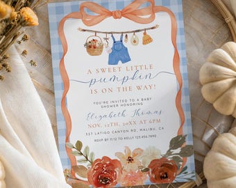 Fall Clothes Baby Shower Invitation, Blue Jean, Pumpkin (Digital Download 5x7" Template) - 098