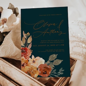 Dark Teal And Burnt Orange Wedding Invitations -  Rustic Earth Tones - Editable Template - Floral Designs - Terracotta and Teal - Templett