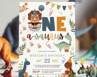 Um modelo de convite de aniversário de Saurus, convites de aniversário de Dino | Editável One | Saurus Dinosaur Safari Verde Azul Aquarela, Templatett