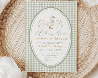 Sage Green Gingham Silly Goose Baby Shower Invitation - Editable Gender Neutral Invitation - 084