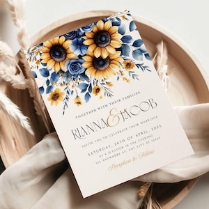 Faire-part de mariage bleu marine et tournesol, faire-part de mariage rustique, faire-part de mariage tournesol, modifiable sur Canva, parfait pour un mariage d'automne