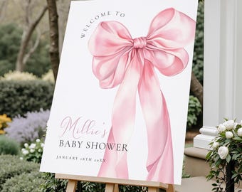 Pink Bow Baby Shower Welcome Sign - Coquette Bow - Girl Baby Shower Poster - Instant Download - Templett - 7772