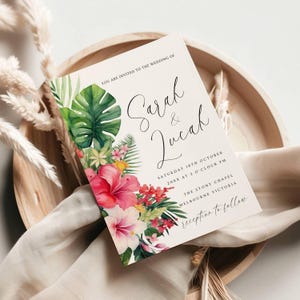 Trouwkaarten met tropische bloemen, afdrukbare huwelijksuitnodiging | Direct downloaden | Tropische bloemen | Canvassjabloon, doe-het-zelfhuwelijksuitnodiging