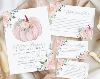 A Little Pumpkin is on Her Way Baby Shower Invitation, Little Pumpkin Baby Shower Invitation Template Set, Bundle, Pink Fall Shower, 085