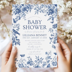 Chinoiserie Baby Shower Invitation - Editable Template - Elegant Boy Invite - French Toile Floral - Dusty Blue Toile - Templett - btchin