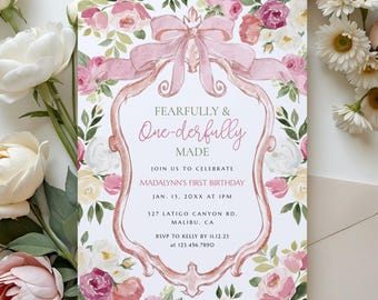 Fearfully And Onederfully Made Birthday Invitation, Editable Digital Template for 1st Birthday Girl Invite - Templett -77701