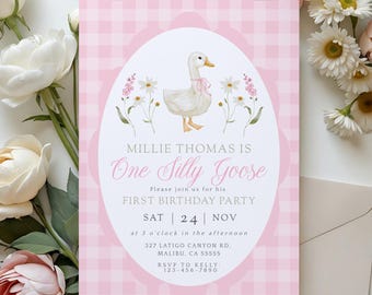 Silly Goose 1st Birthday Invitation, Pink Gingham (Templett)