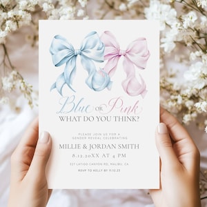 Pink Blue Ribbon Gender Reveal Invitation - Gender Reveal Invitation - Blue or Pink Bows - Customize Templett - Editable Template - bgrin