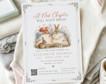 May include: A rectangular baby shower invitation card featuring the text A New Chapter Will Soon Begin, Elizabeth Thomas, and event details. The design includes a watercolour illustration of two rabbits, a book, and mushrooms with a QR code.
