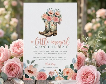 Cowgirl Baby Shower Invitation | little cowgirl baby shower invite, Templett, Editable, Floral, Western Baby Shower, Digital Invite, cwgrlbs
