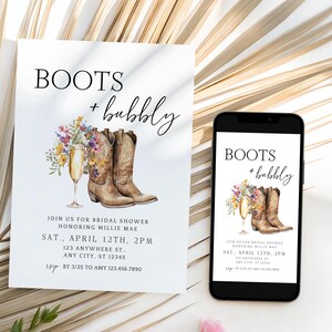 Boots and Bubbly Bridal Shower Invite & Text Invite | Western Fall Bridal Brunch | Editable Cowgirl Template with Wildflowers, Canva image 4