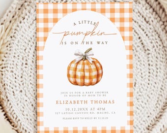 May include: A baby shower invitation with an orange gingham border and the text "A Little Pumpkin is on the Way." The invitation features a watercolor pumpkin illustration and event details. The invitation is set on a neutral, textured background.