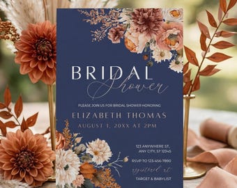 Brautparty Navy und Orange, Brautparty Einladung, Sofort-Download-Vorlage, Orange Blumen lädt ein, Hochzeit Party, Canva