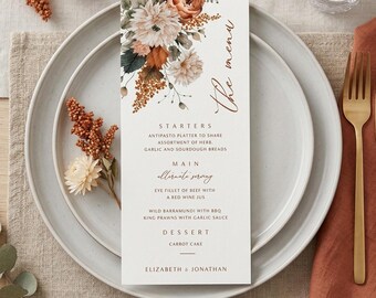 Terracotta Menu Template, Editable Wedding Menu, Printable Boho Decor, Instant Download, Rustic Table Setting - Edit in Templett - Fall