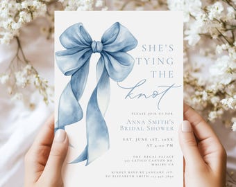 She's Tying The Knot Blue Bridal Shower Invite, Bow Design, Something Blue Wedding, knbl