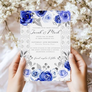 Elegant Royal Blue And Silver Wedding Invitation Template, Watercolor Rose, Instant Download, Editable Template, Canva Template, Royal