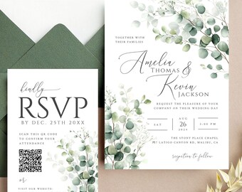 Eucalyptus Wedding Invitation & RSVP Card | Wedding Invite Template, Editable in Templett, Greenery, Wedding Stationary, Customizable, Sage