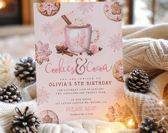 Pink Winter Cookies and Cocoa Invite - Birthday Party Invite -  Editable Pink Winter Girl Invitation - Gingerbread Cookie Theme