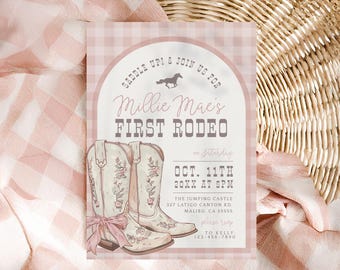 My First Rodeo Girl Birthday Invite, Cowgirl First Birthday Invitations, Editable Western Birthday Template, Boots Watercolor, Templett